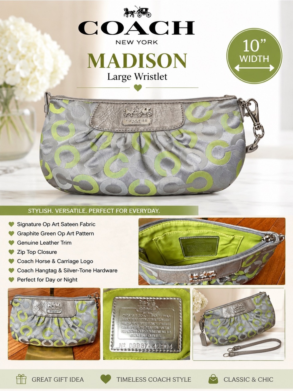 Coach Madison Graphite Green Op Art Signature Sateen LARGE Wristlet